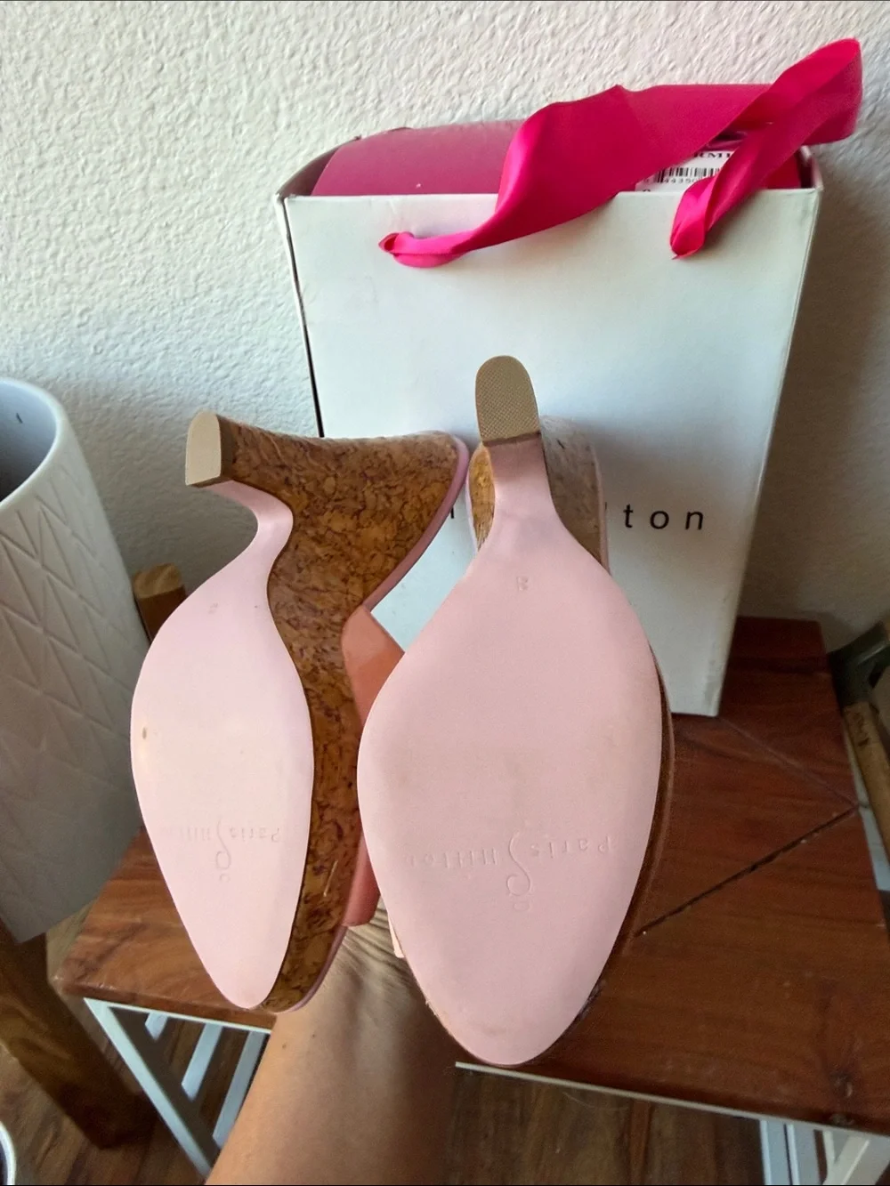 Paris Hilton Pink Patent Cork Wedge Mules - Picture 5 of 6